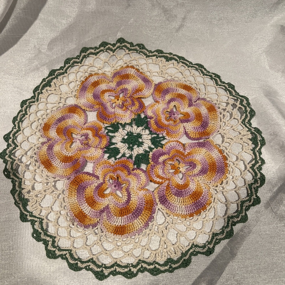 Vintage Hand Crocheted 13" Round Doily,‎ Flower, Pansies, Purple, Yellow, Green
